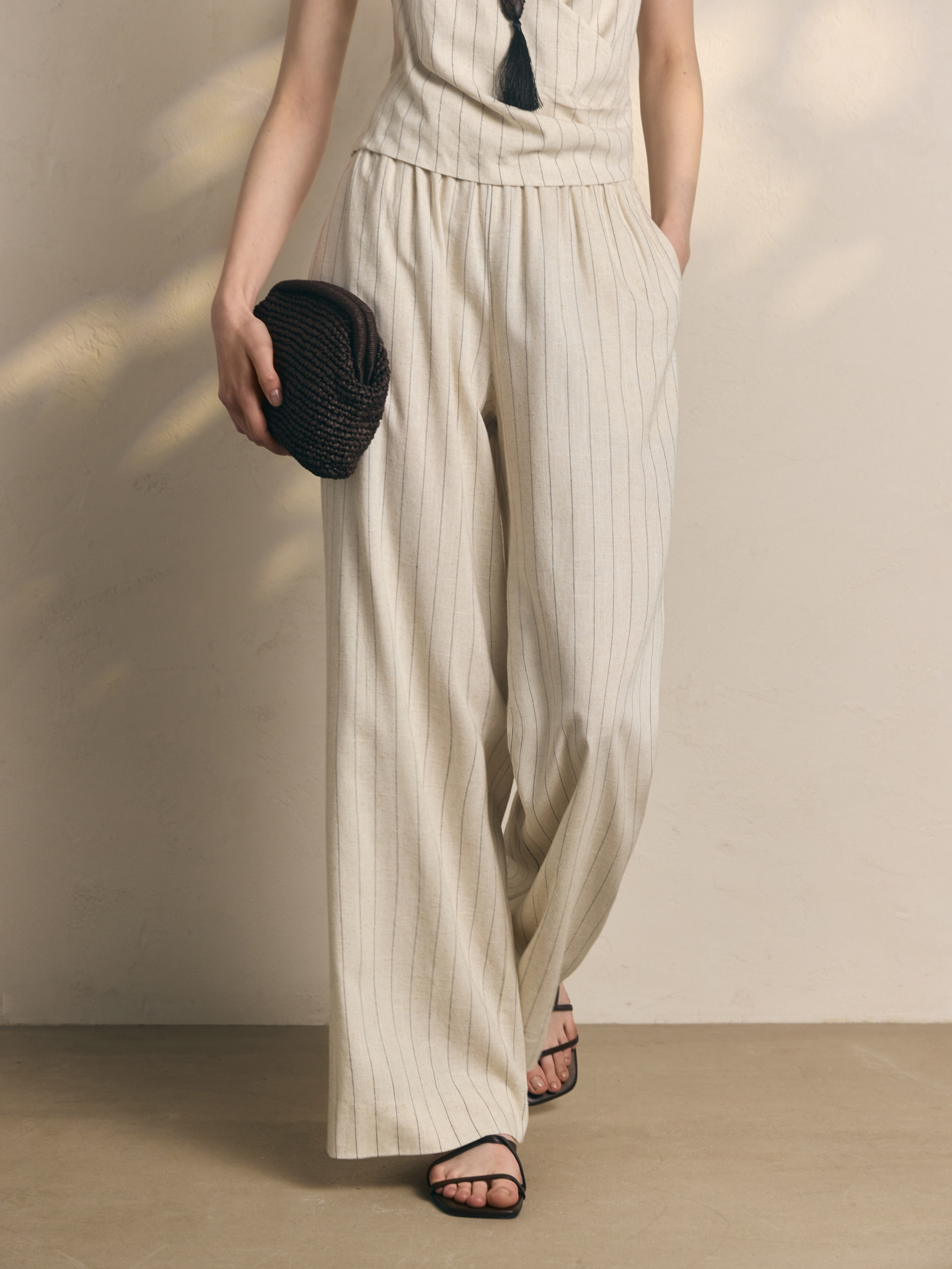 Pinstripe loose viscose and linen trousers