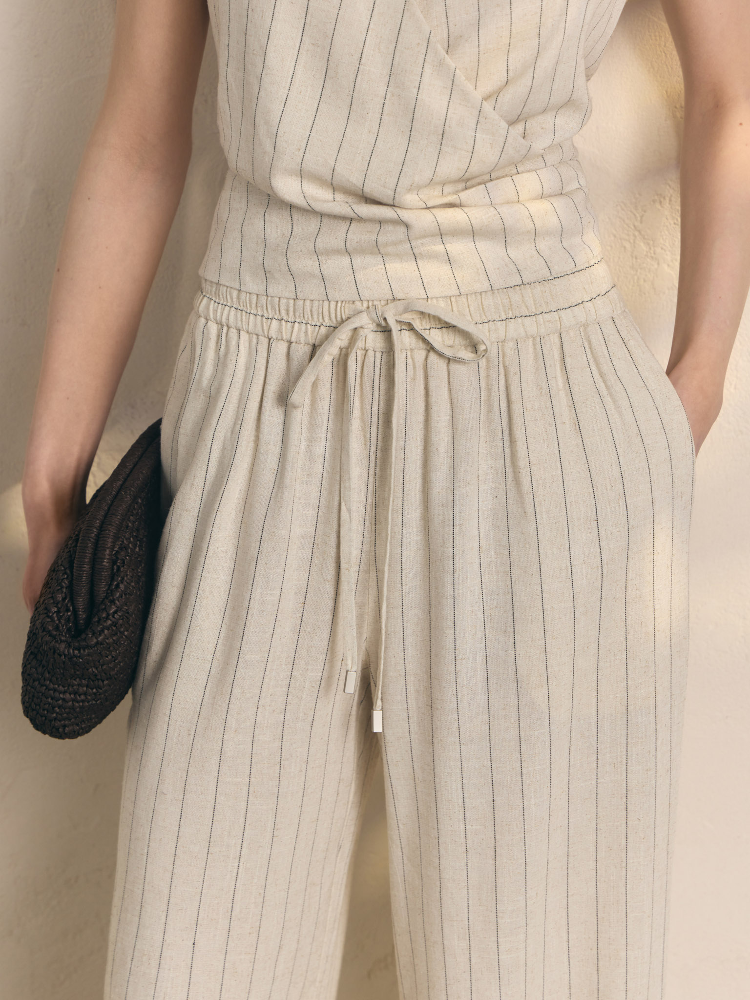 Pinstripe loose viscose and linen trousers