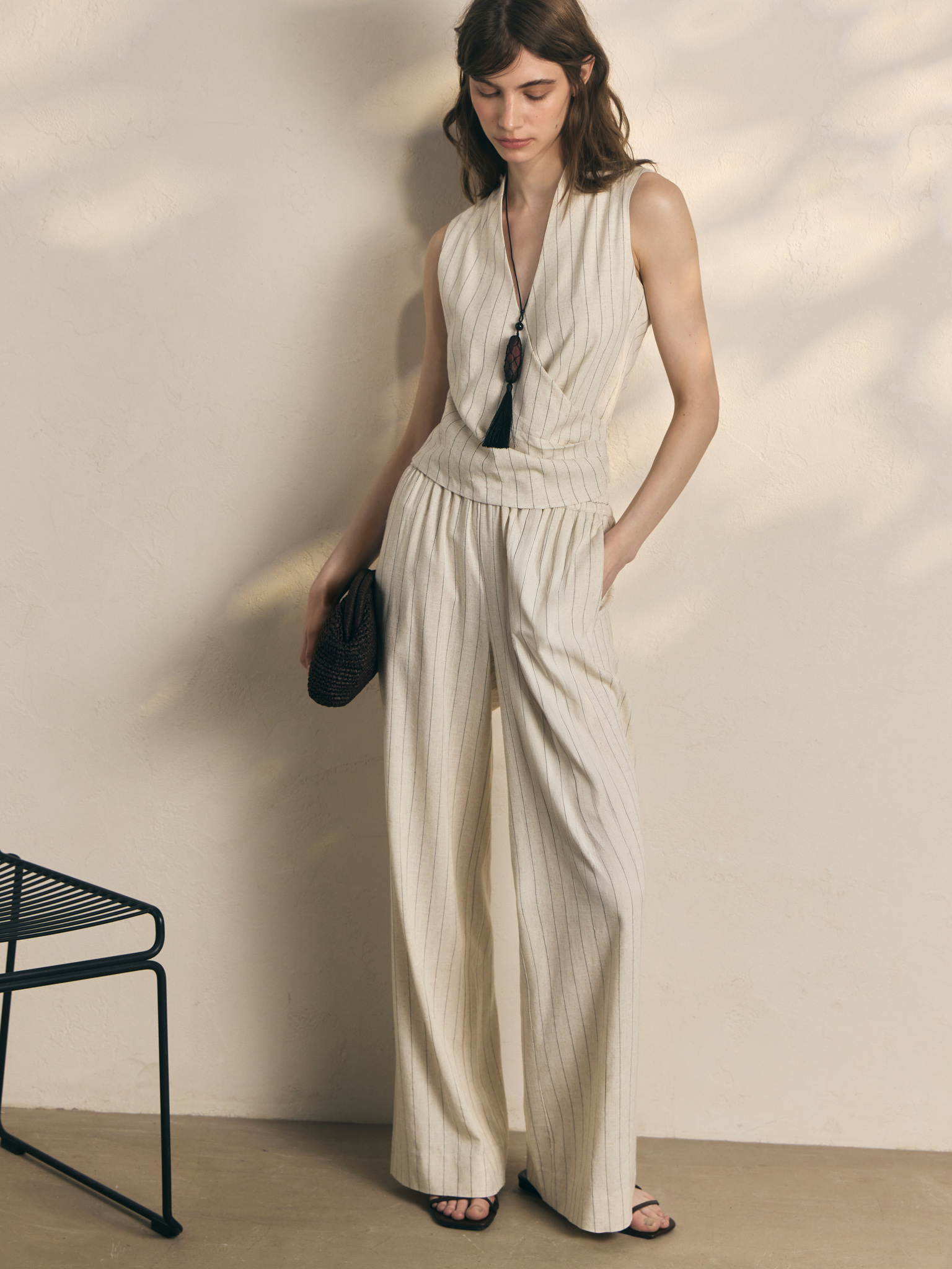 Pinstripe loose viscose and linen trousers