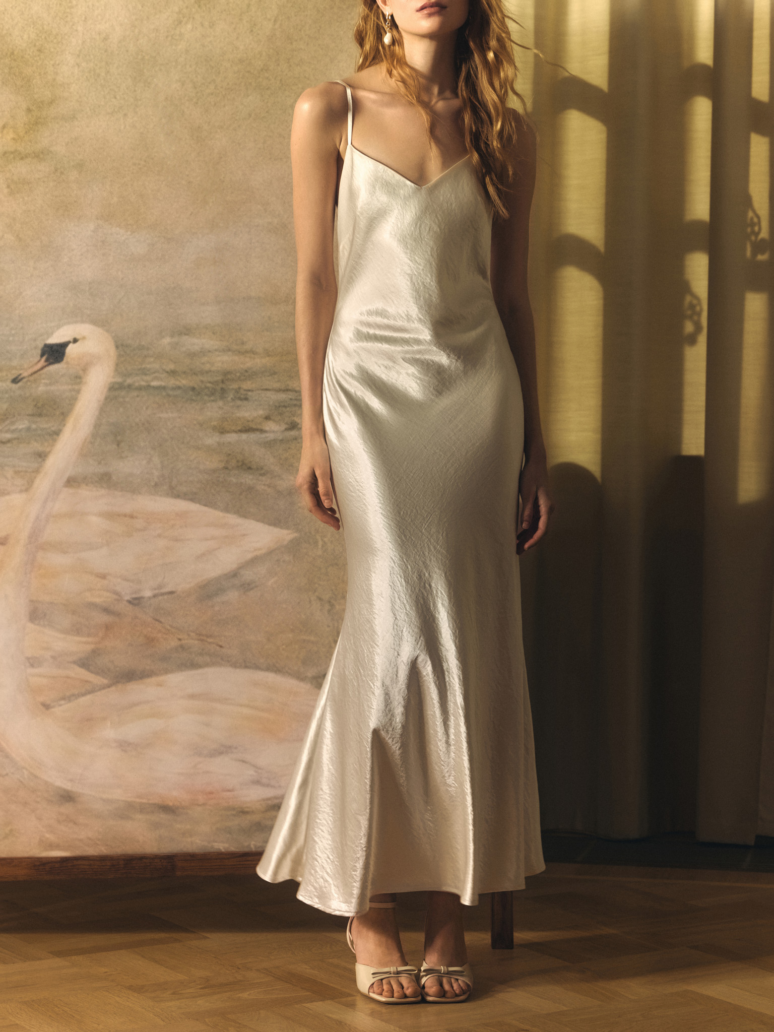 Maxi slip dress in metallic fabric