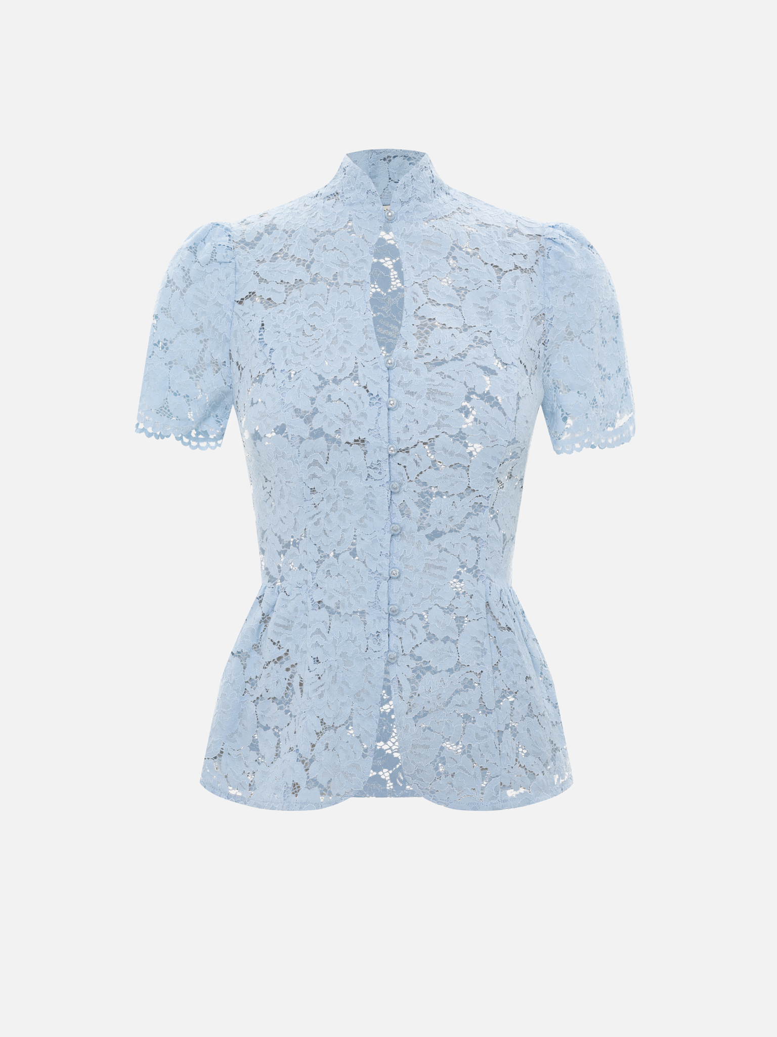 Fitted guipure blouse with a teardrop neckline and peplum :: LICHI