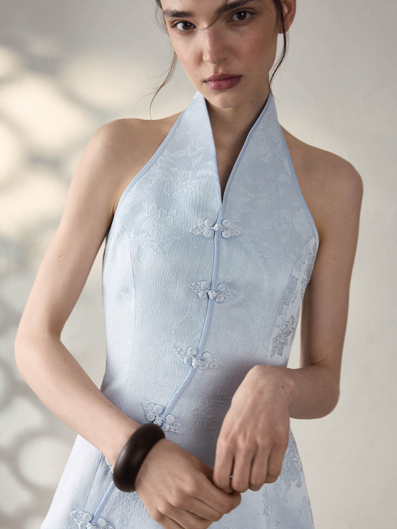 Jacquard mini dress with a diagonal fastening :: LICHI - Online