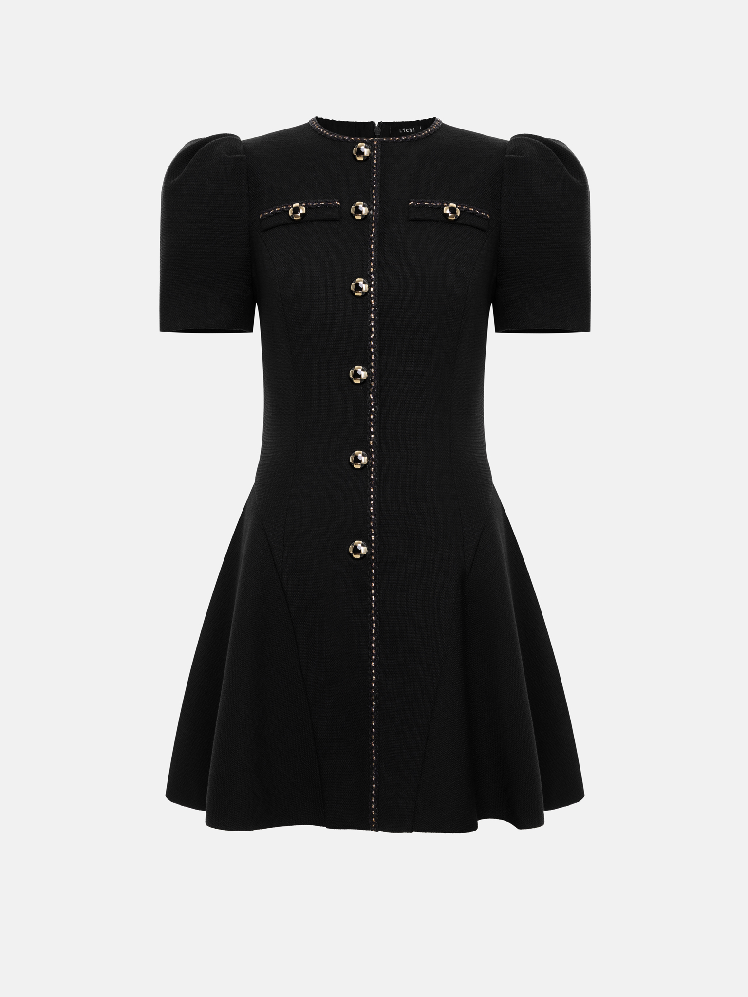 Tweed mini dress with short sleeves and contrasting trim :: LICHI