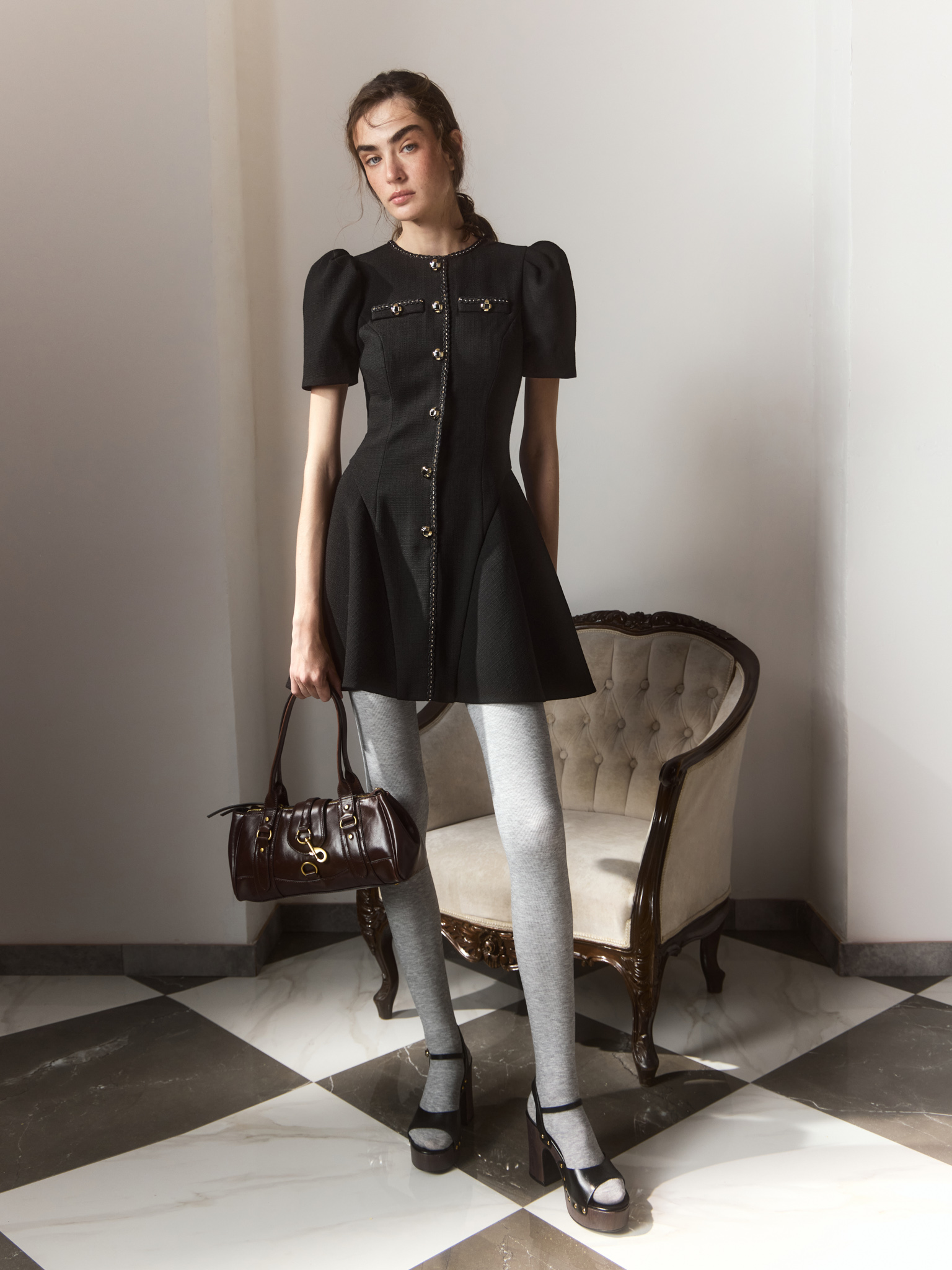 black tweed mini dress with short sleeves and contrasting trim :: LICHI Bodysuit Size:24 months