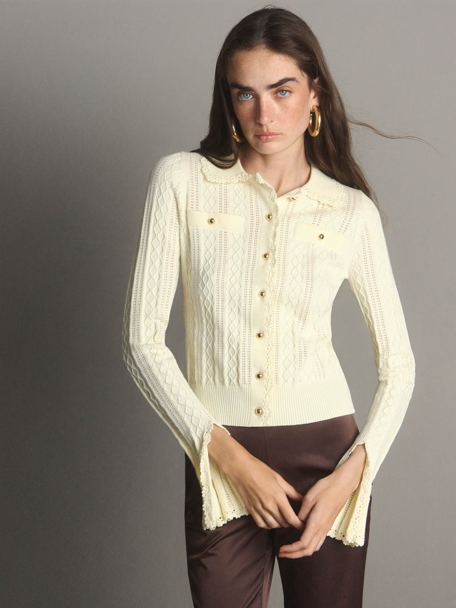 Textured-knit cardigan with voluminous cuffs