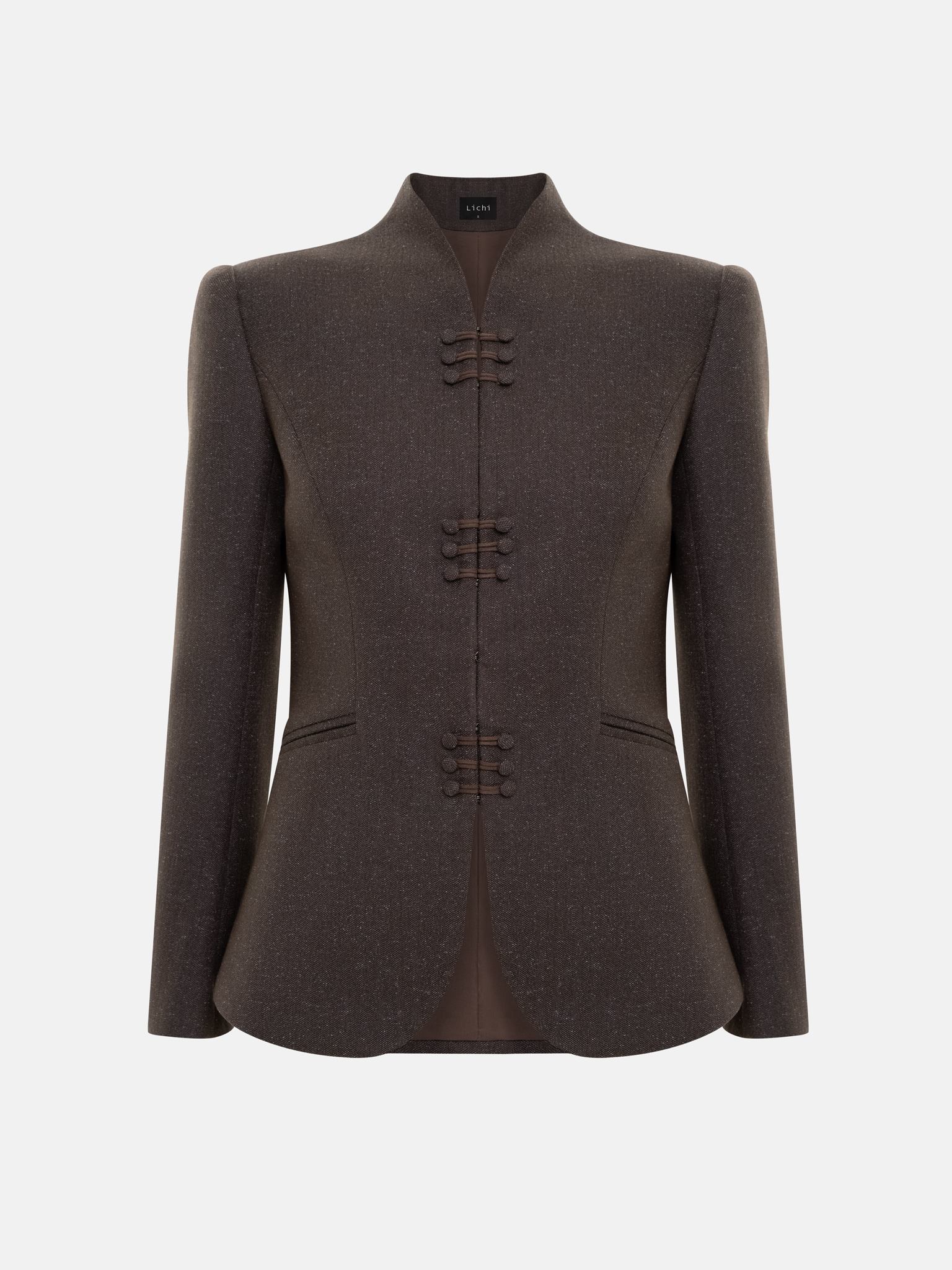 Single-breasted jacket with a high collar and hidden fastening
