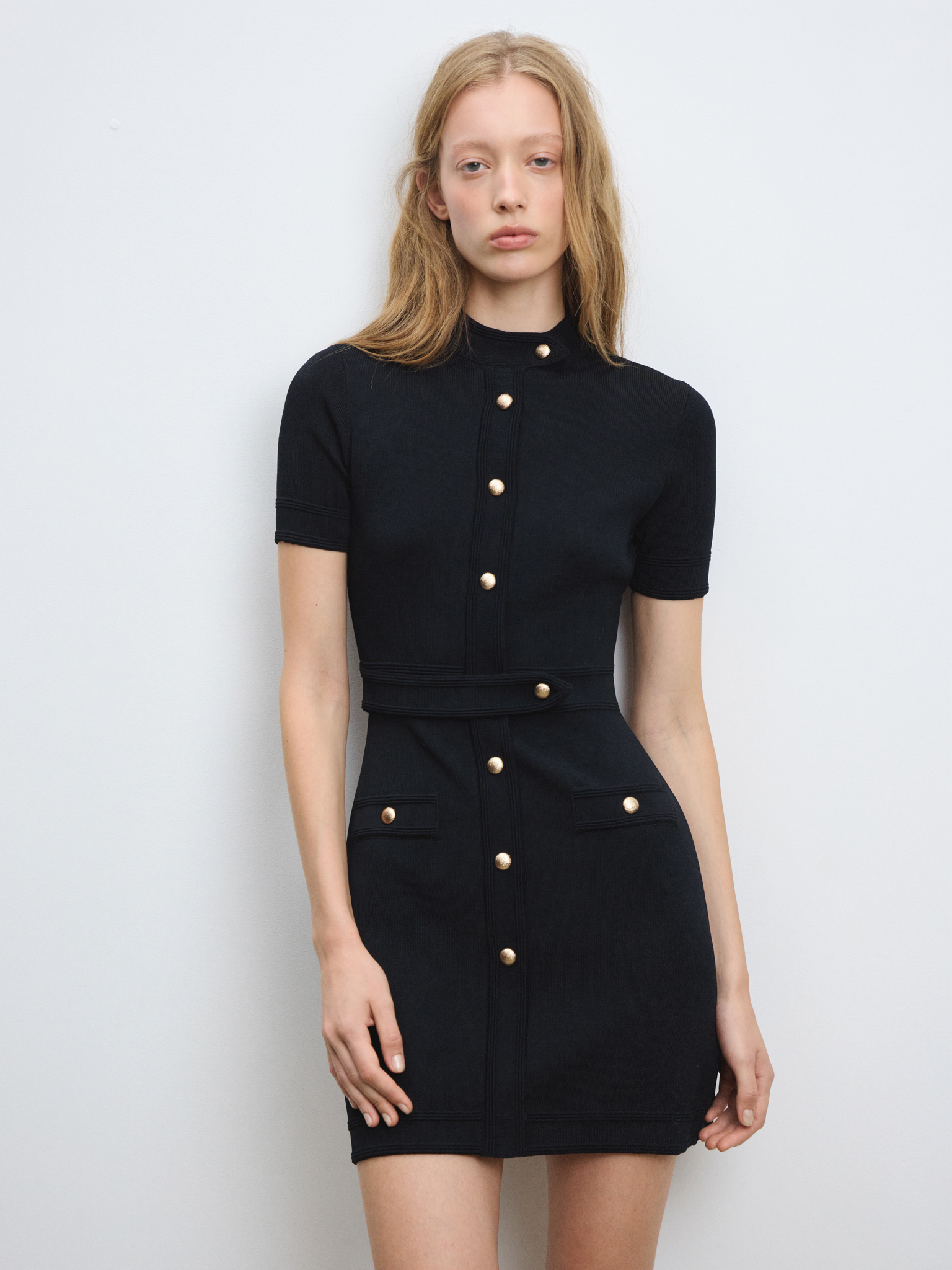 Preppy-style jersey mini dress with a stand-up collar — Lichi
