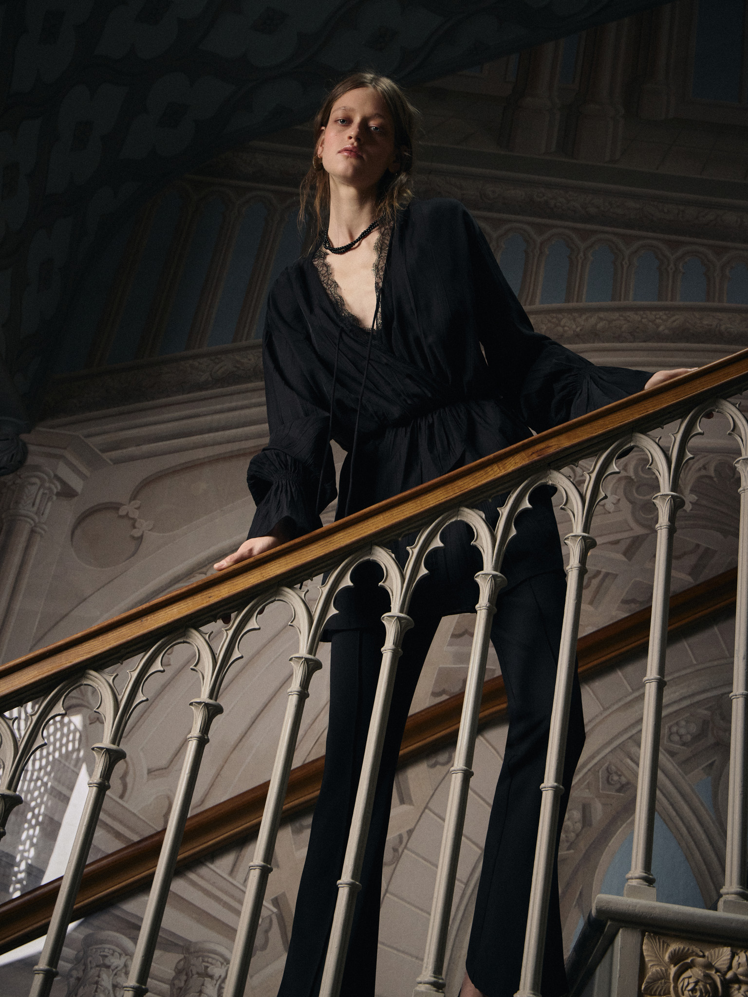 Mini dress in lightweight fabric with lace on the collar
