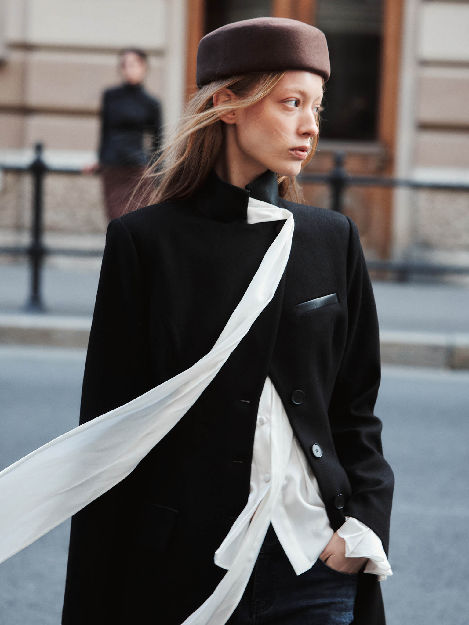 Fitted midi wool coat with eco-leather details