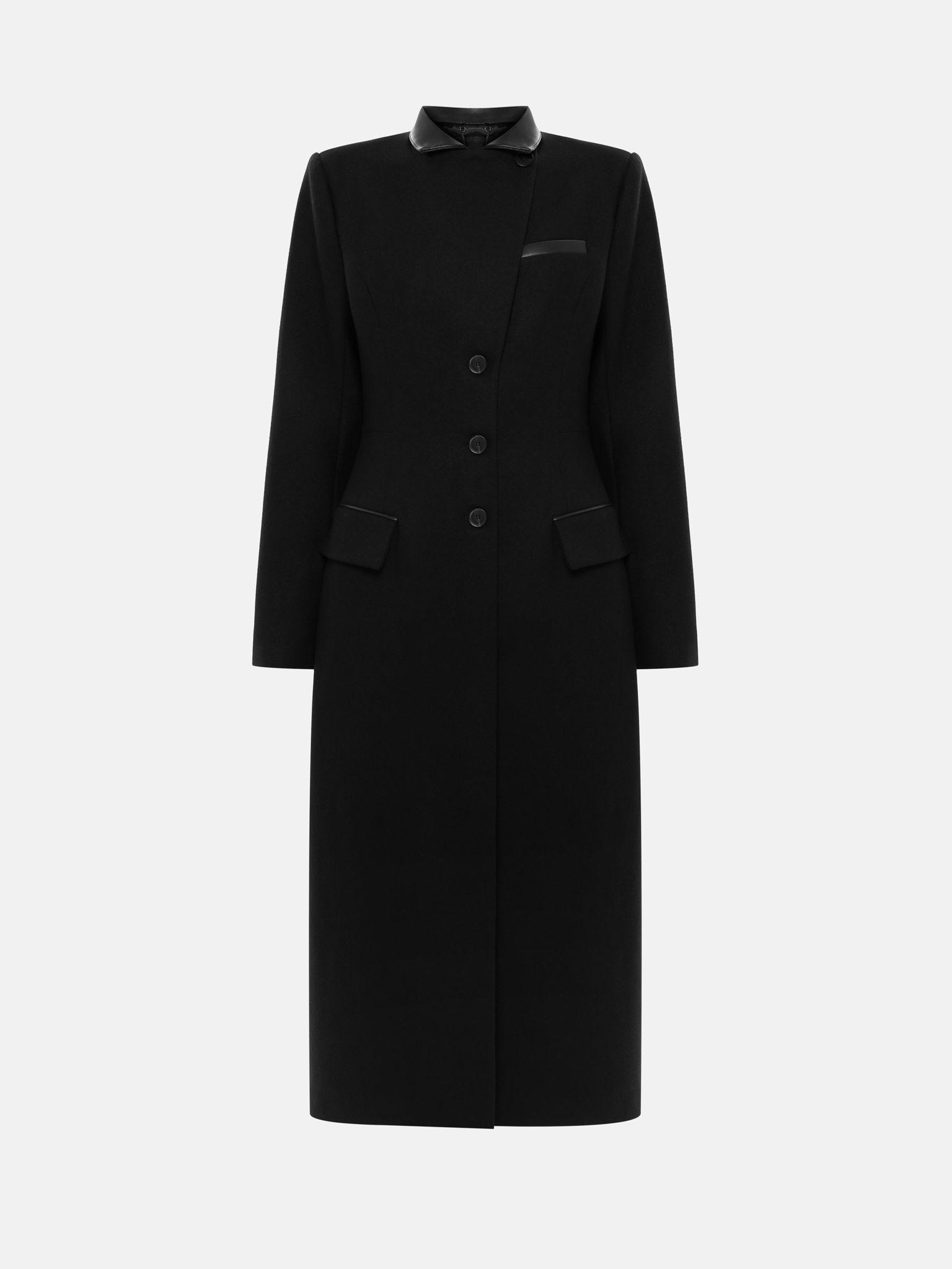 Fitted midi wool coat with eco-leather details