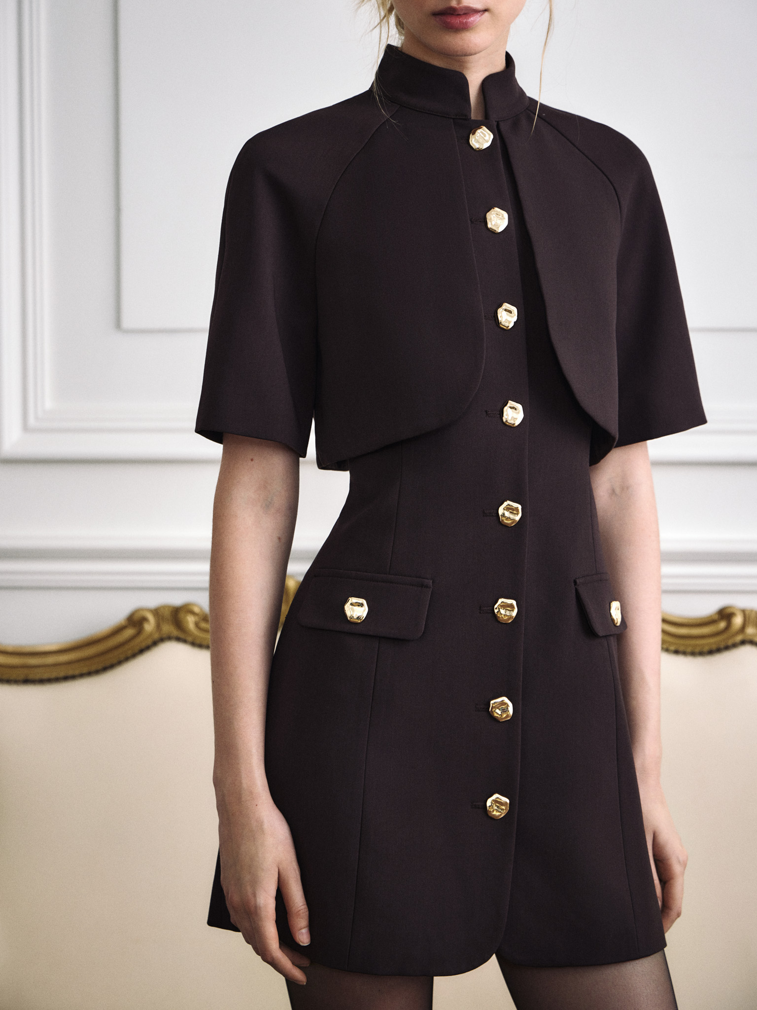 Mini dress with stand-up collar and cape imitation